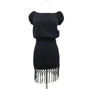 New Flynn Skye Mini Dress Womens XS Black Fringe Keyhole Rayon
